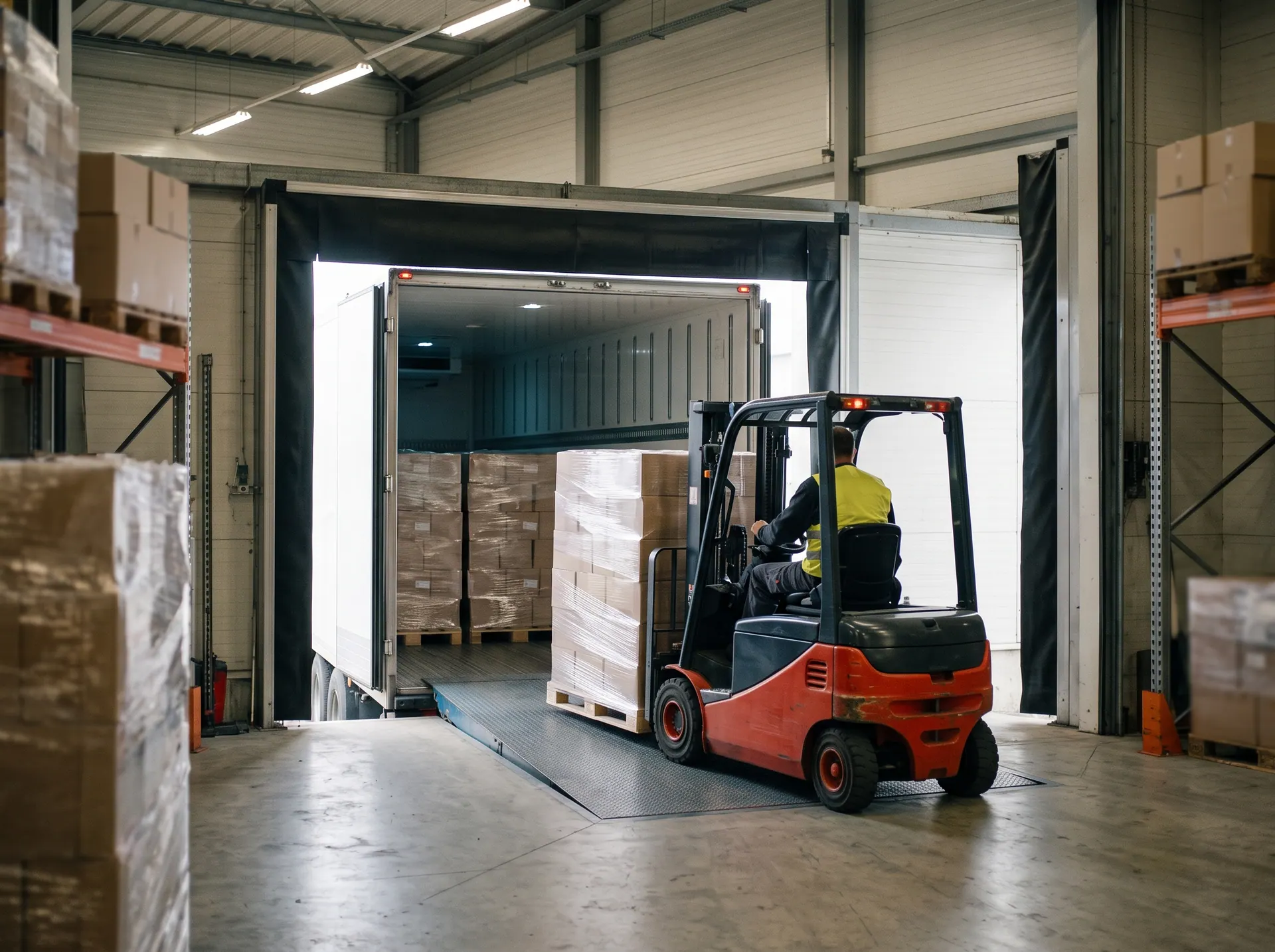 Rampaya yanaşmış frigorifik tıra forkliftle palet yükleniyor.